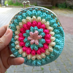 Gold Detaylı Turkuaz-Kırmızı Örgü Yuvarlak Cüzdan